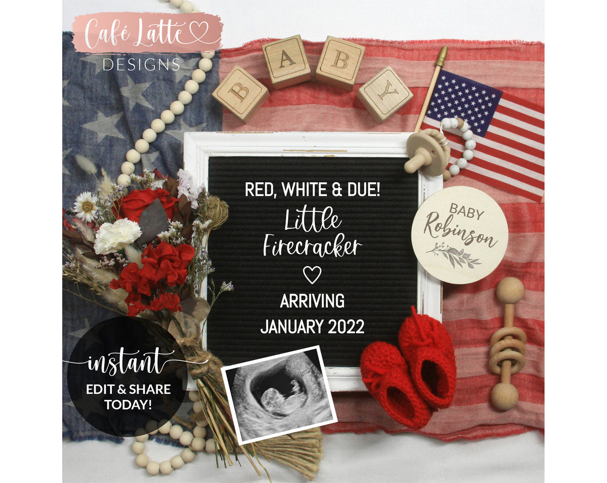 Digital Pregnancy Announcement Social Media, Fourth of July Baby, Red White  & Blue Little Firecracker is Due, Letter Board, Instagram, USA