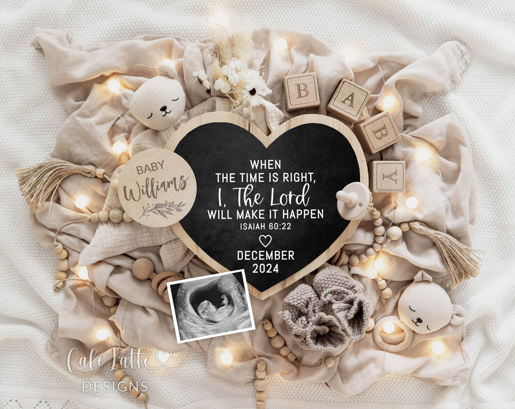 Religious pregnancy announcement digital reveal for social media, Religious baby announcement digital image with bear heart chalkboard and pampas, When the time is right I the Lord will make it happen, Isaiah 60 22, Baby editable template DIY, Boho