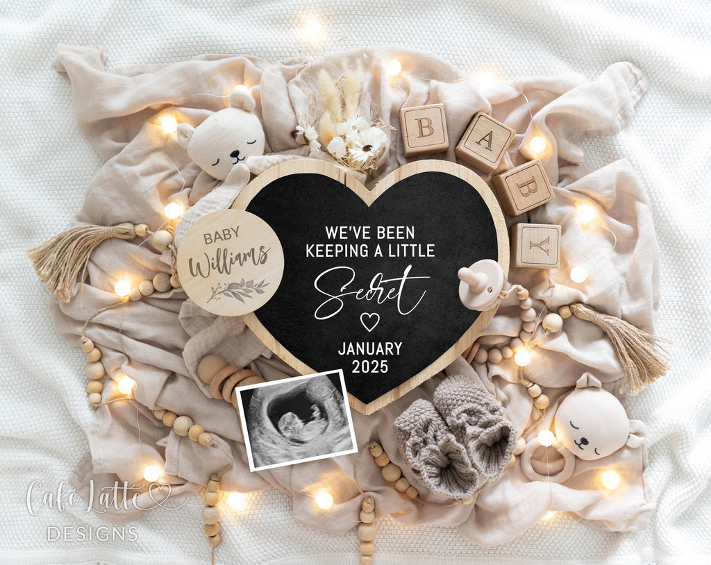 Pregnancy Announcement Digital Boho Gender Neutral Letter Board, Baby Announcement Digital Template Keeping A Little Secret, Little Bear with Heart Chalkboard