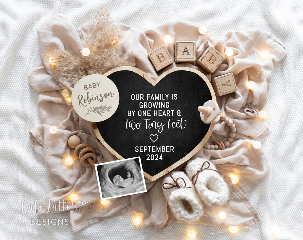 Boho digital pregnancy announcement for social media, Boho digital baby announcement image with heart chalkboard, pampas and baby booties, Our family is growing by one heart and two tiny feet, Gender neutral bohemian editable template DIY, Valentines