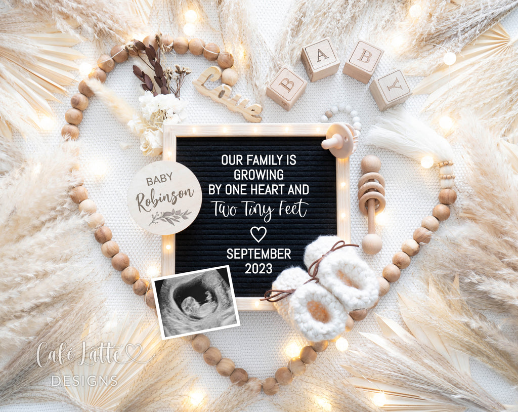 Boho pregnancy announcement digital reveal for social media, Gender neutral baby announcement digital image with heart, pampas and letter board, Our family is growing by one heart and two tiny feet, editable pregnancy template DIY