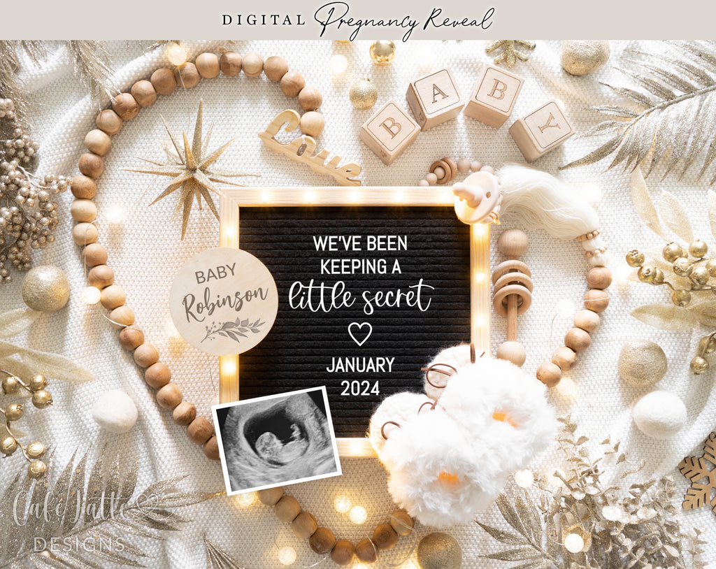 New Years pregnancy announcement digital reveal for social media, New Years baby announcement digital image with heart, gold accents and letter board, We have been keeping a little secret, gender neutral boho editable template DIY, white and gold