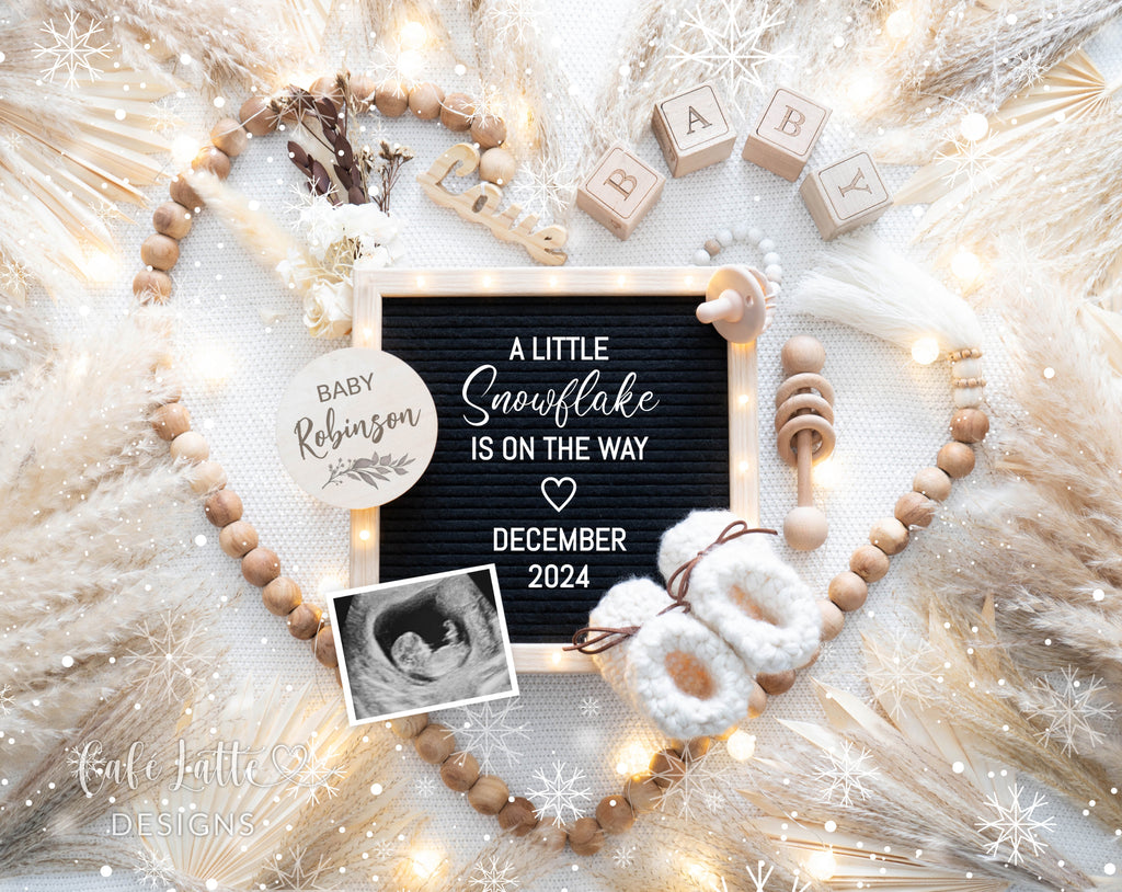 Snowflake pregnancy announcement digital reveal for social media, Winter baby announcement digital image with heart, pampas, letter board and snowflakes, A little snowflake is on the way, gender neutral baby reveal editable template DIY