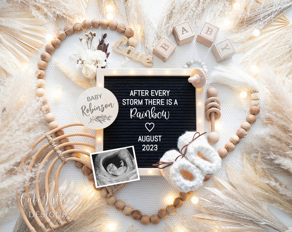 Rainbow Baby Announcement Digital Reveal For Social Media, Gender Neutral Baby Announcement Digital Image with Boho Rainbow, Heart and Letter Board, After Every Storm There Is A Rainbow