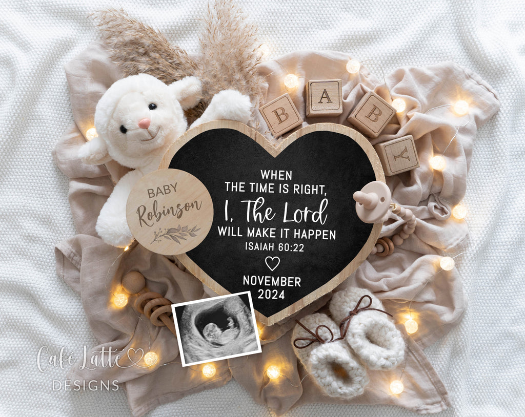 Religious pregnancy announcement digital reveal for social media, Religious baby announcement digital image with lamb heart chalkboard and pampas, When the time is right I the Lord will make it happen, Isaiah 60 22, Baby editable template DIY, Boho