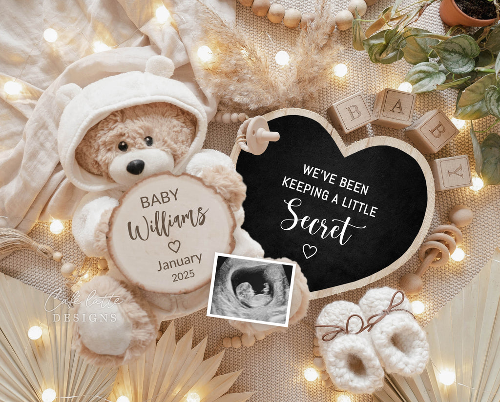 Neutral pregnancy announcement digital, Pregnancy announcement to husband, Boho pregnancy announcement template, Pregnancy announcement grandparents, Pregnancy reveal, Baby announcement digital, Neutral bear heart, Weve been keeping a little secret