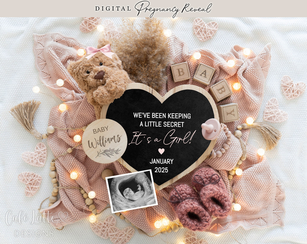 Girl gender reveal pregnancy announcement digital, Girl gender reveal announcement husband, Its a girl template, Gender reveal grandparents, Pregnancy reveal, Gender reveal gift, Girl bear pampas heart board pink, We have been keeping a little secret