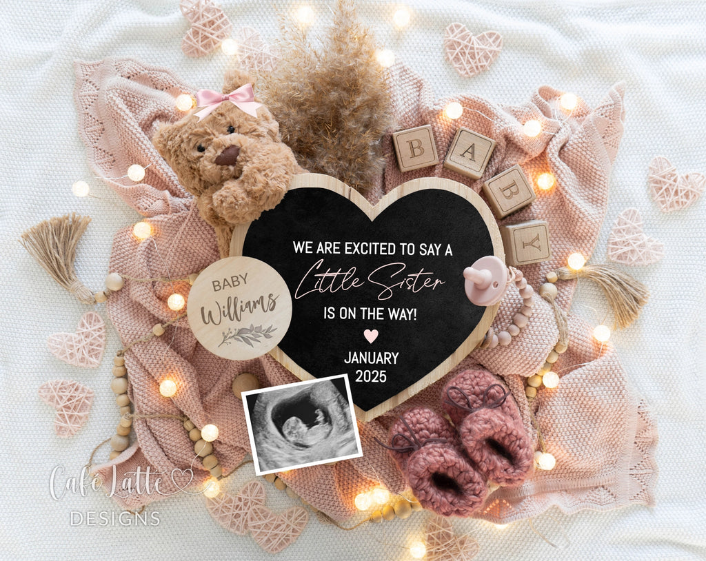 Girl gender reveal pregnancy announcement digital, Girl gender reveal announcement to husband, Its a girl template, Gender reveal grandparents, Pregnancy reveal, Gender reveal gift, Girl bear pampas heart board pink, A little sister is on the way