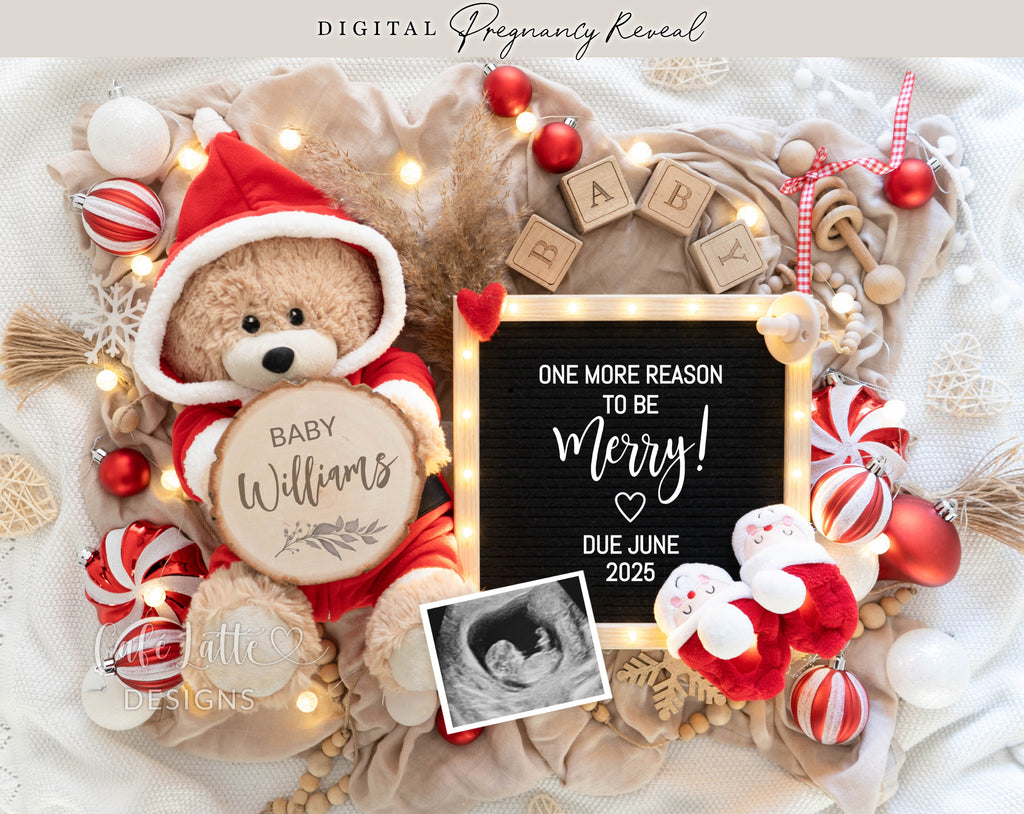 Christmas pregnancy announcement digital reveal for social media, Christmas baby announcement digital image with bear with Santa outfit, Santa baby booties, One more reason to be merry