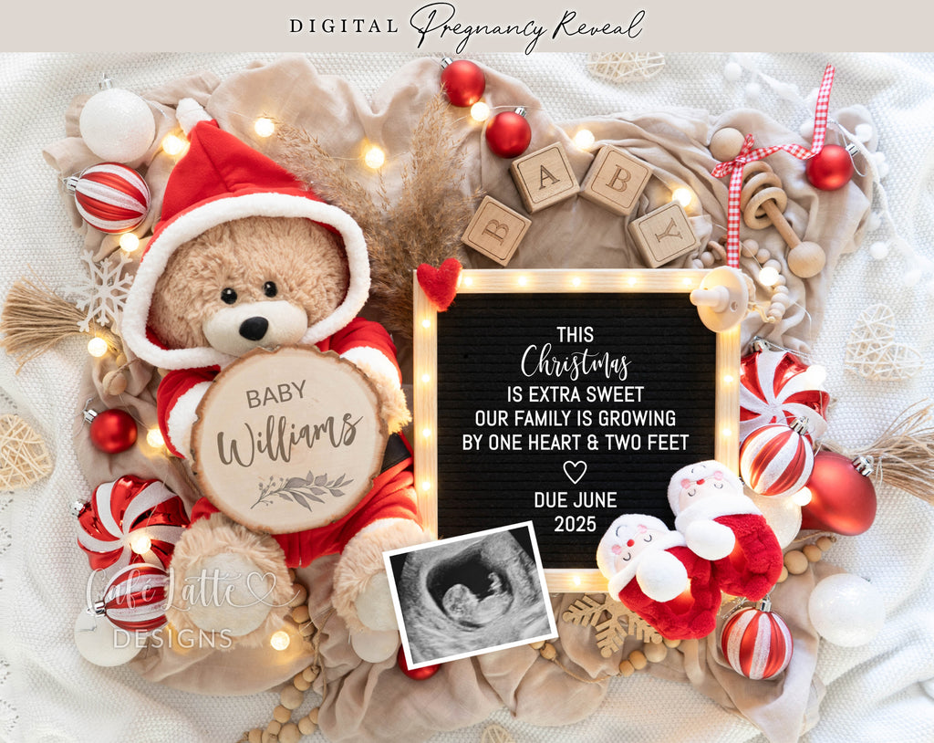 Christmas pregnancy announcement digital reveal for social media, Christmas baby announcement digital image with bear with Santa outfit, Santa baby booties, This Christmas is extra sweet our family is growing by one heart and two feet