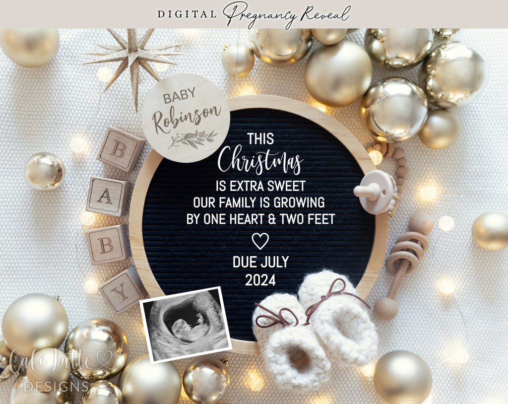 Christmas digital baby announcement reveal for social media, Christmas digital pregnancy announcement image with circle letter board and gold ornaments, This Christmas is extra sweet our family is growing by one heart and two feet, Neutral boho baby