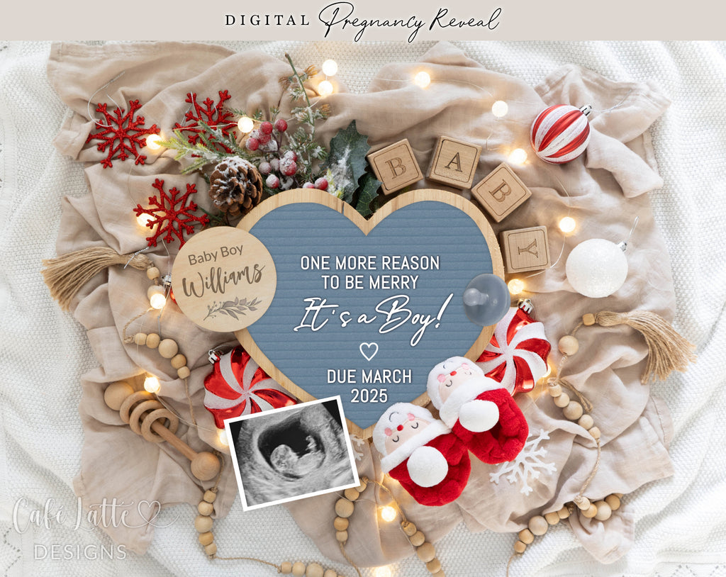 Christmas boy gender reveal pregnancy announcement digital for social media, Christmas baby boy announcement digital blue heart letter board and Santa booties, Gender reveal winter pregnancy reveal editable template, One more reason to be merry