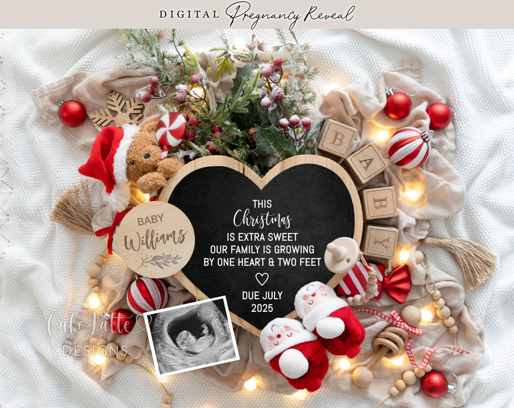 Christmas pregnancy announcement digital reveal for social media, Christmas baby announcement digital image with Little bear wearing Santa hat and Santa baby booties, This Christmas is extra sweet our family is growing by one heart and two feet