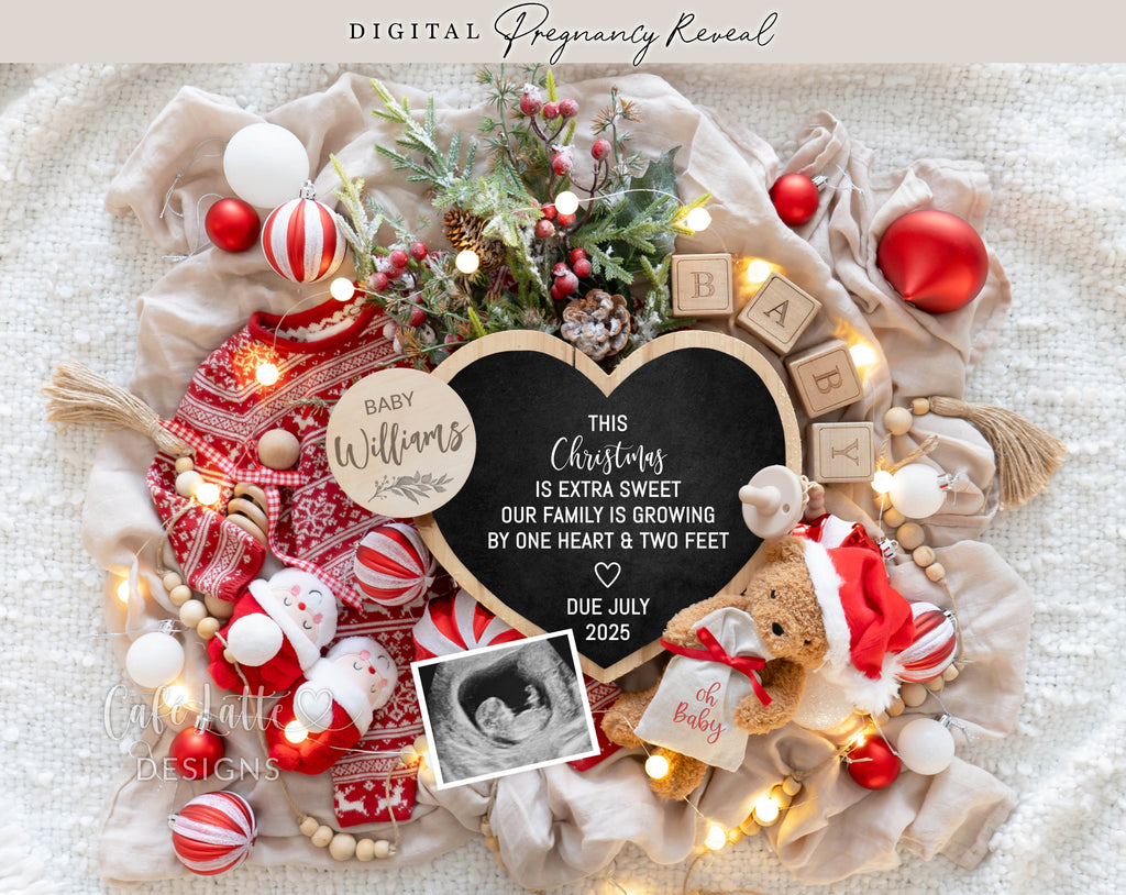 Christmas pregnancy announcement digital reveal for social media, Christmas baby announcement digital image with Little bear wearing Santa hat and Santa baby booties, This Christmas is extra sweet our family is growing by one heart and two feet