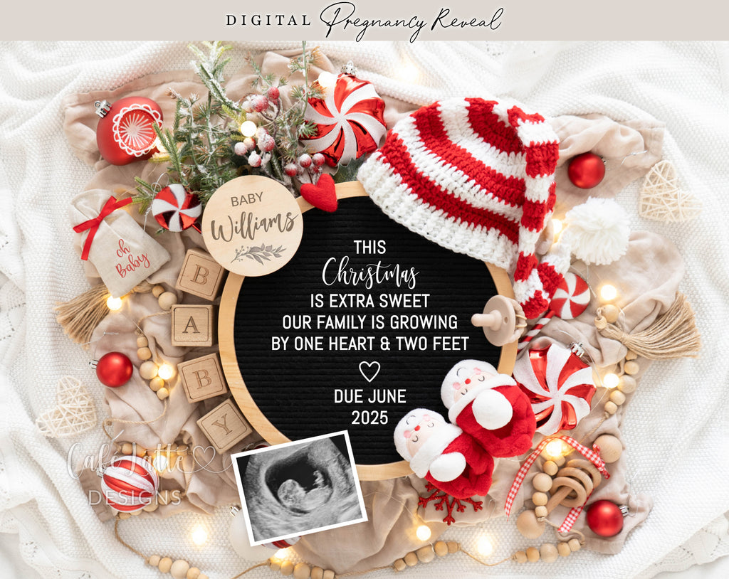 Christmas pregnancy announcement digital reveal for social media, Christmas baby announcement digital image with Santa hat and Santa baby booties, This Christmas is extra sweet our family is growing by one heart and two feet, ornaments letter board