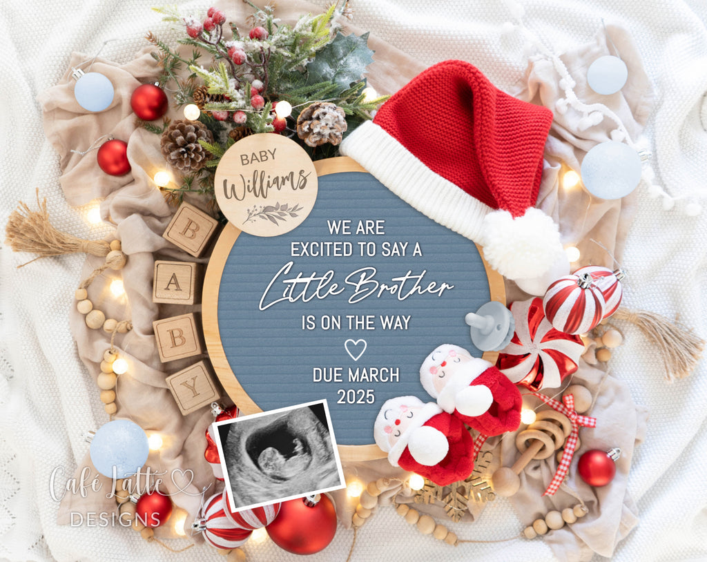 Christmas boy gender reveal pregnancy announcement digital for social media, Christmas baby boy announcement digital with blue circle letter board and Santa booties, Gender reveal winter pregnancy reveal editable template, we are excited to say a little brother is on the way