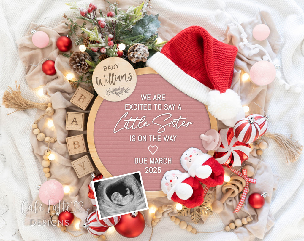 Christmas girl gender reveal pregnancy announcement digital for social media, Christmas baby girl announcement digital with pink circle letter board and Santa booties, Gender reveal winter pregnancy reveal editable template, Little sister on the way