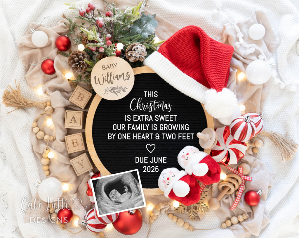 Christmas pregnancy announcement digital reveal for social media, Christmas baby announcement digital image with Santa hat and Santa baby booties, This Christmas is extra sweet our family is growing by one heart and two feet, ornaments letter board