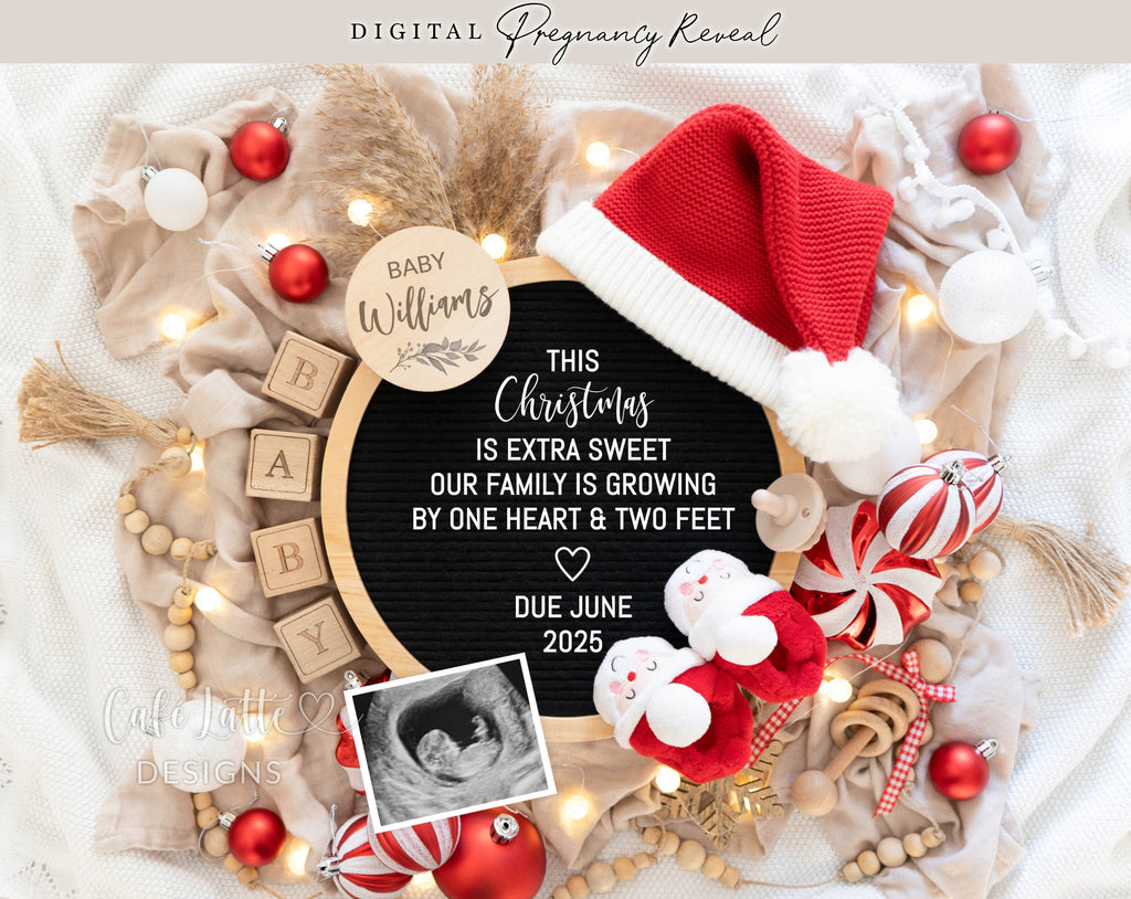 Christmas pregnancy announcement digital reveal for social media, Christmas baby announcement digital image with Santa hat and Santa baby booties, This Christmas is extra sweet our family is growing by one heart and two feet, ornaments letter board