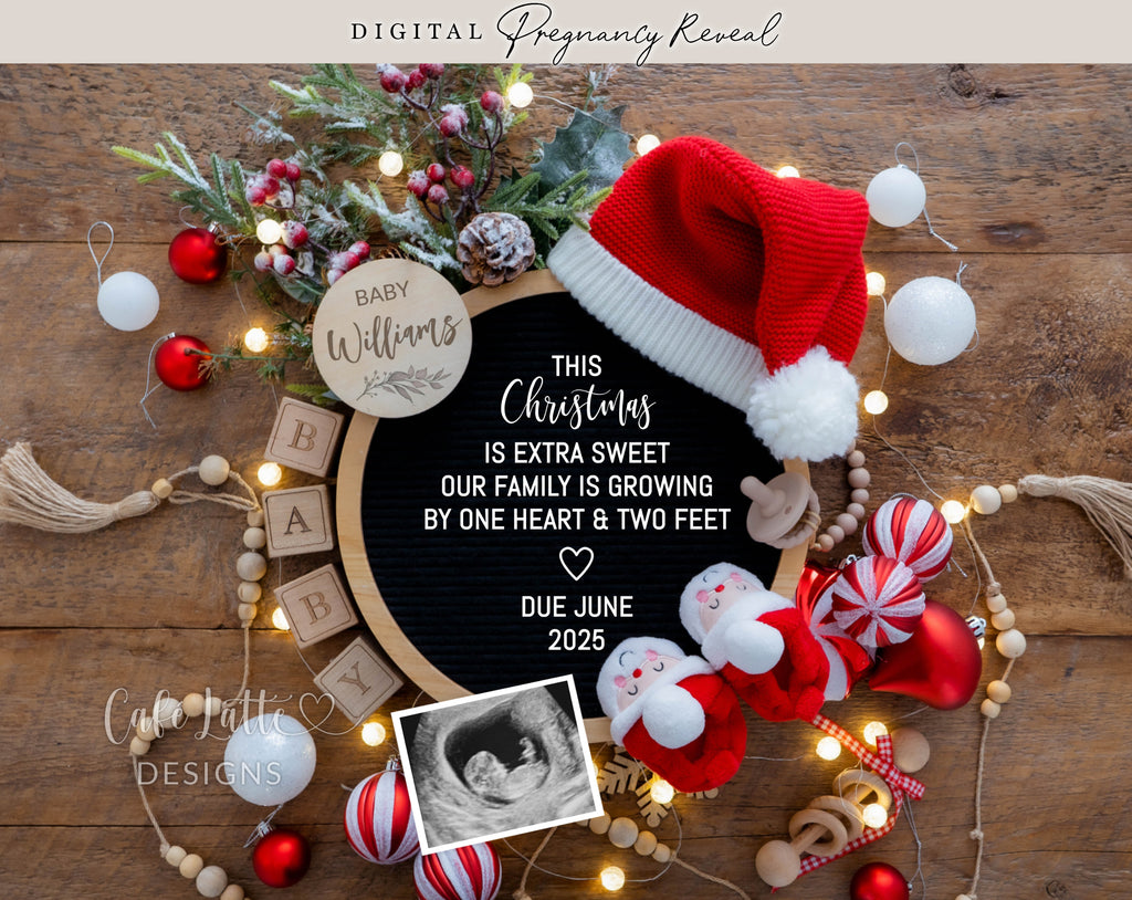 Christmas pregnancy announcement digital reveal for social media, Christmas baby announcement digital image with Santa hat and Santa baby booties, This Christmas is extra sweet our family is growing by one heart and two feet, ornaments letter board