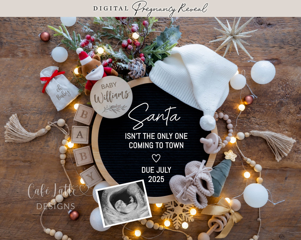 Christmas pregnancy announcement digital reveal for social media, Christmas baby announcement digital image with Santa hat and baby booties, Santa isnt the only one coming to town