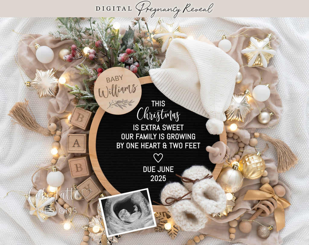 Christmas pregnancy announcement digital reveal for social media, Christmas baby announcement digital image with Santa hat and baby booties, This Christmas is extra sweet our family is growing by one heart and two feet, ornaments letter board, Christmas Poem