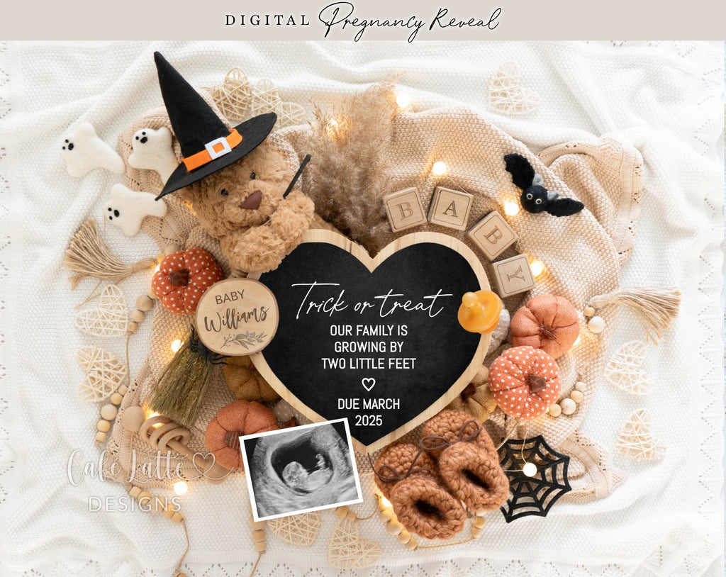 Halloween pregnancy announcement digital reveal for social media, Halloween baby announcement digital image with bear, baby booties and heart chalkboard, Trick or Treat Our Family is Growing By two little feet