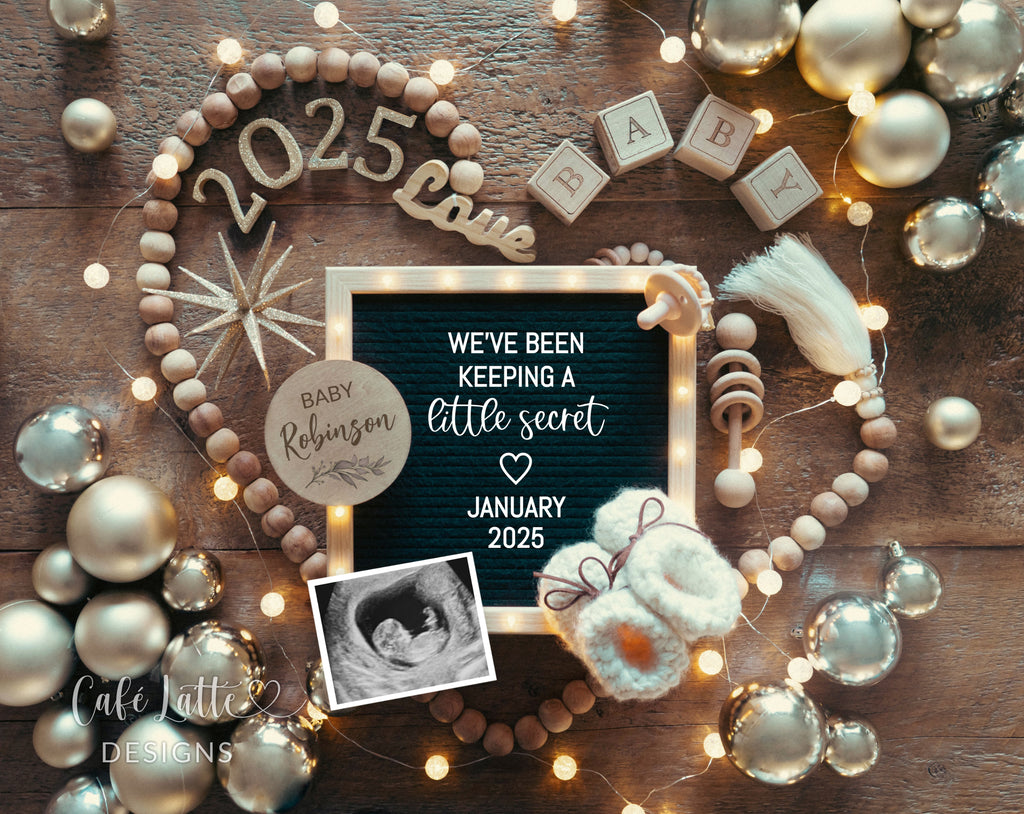 New Years pregnancy announcement digital for social media, New Year digital baby announcement with heart, gold ornaments and letter board, Keeping a little secret, Neutral boho editable template DIY, January winter baby reveal classy chic gold