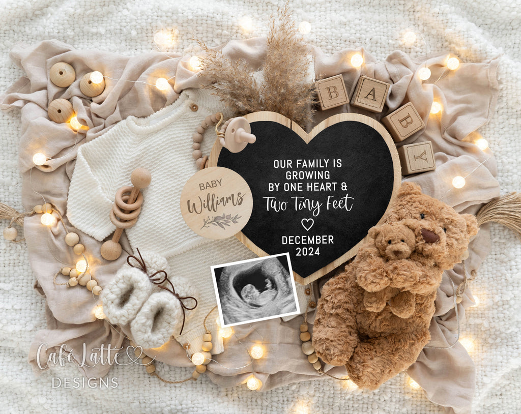 Pregnancy announcement digital, Pregnancy announcement to husband, Pregnancy announcement template, Pregnancy announcement grandparents, Pregnancy reveal, Pregnancy announcement gift, Neutral bear pampas heart, One heart and two tiny feet, Baby