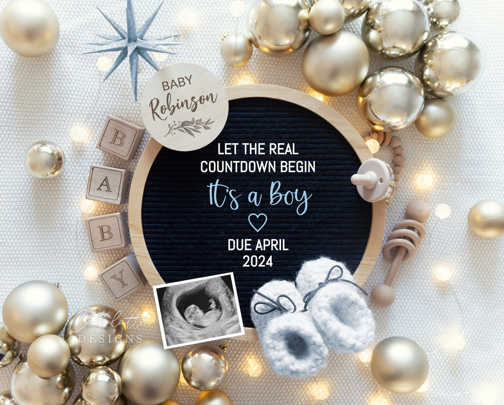 New Years boy gender reveal pregnancy announcement digital for social media, New Years baby boy announcement digital with circle letter board and blue and gold decor, Gender reveal winter pregnancy reveal editable template, let the real countdown begin, its a boy