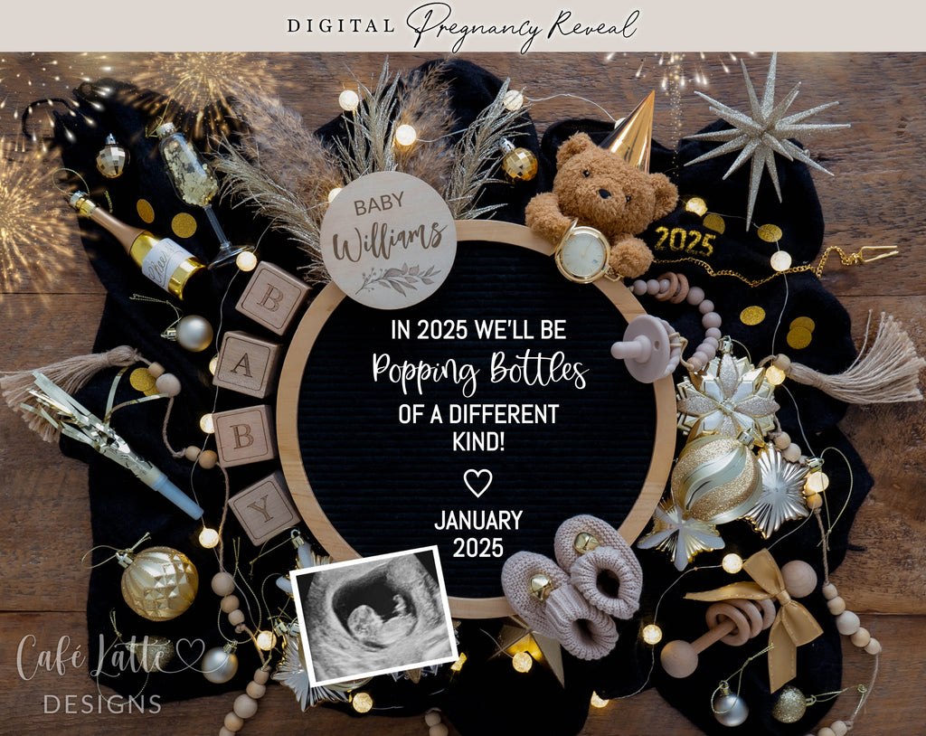 New Years pregnancy announcement digital for social media, New Year digital baby announcement, gold ornaments and letter board, Popping bottles different kind, Neutral boho editable template DIY, January winter baby reveal classy chic gold