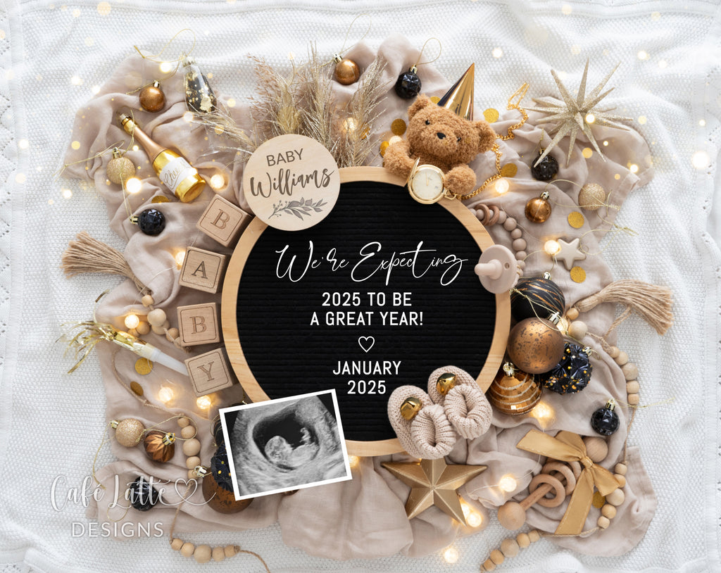 New Years pregnancy announcement digital for social media, New Year digital baby announcement, gold ornaments and letter board, Neutral boho editable template DIY, January winter baby reveal classy chic gold, were expecting 2025 to be a reat year