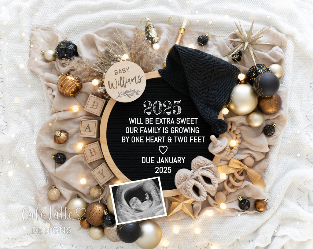 New Years pregnancy announcement digital for social media, New Year digital baby announcement with gold ornaments and circle letter board, 2025 will be extra sweet our family is growing by one heart and two feet, January winter baby reveal chic