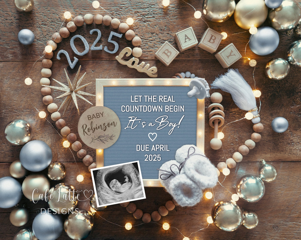 New Years boy gender reveal pregnancy announcement digital for social media, New Years baby boy announcement digital with blue letter board and blue and gold decor, Gender reveal winter pregnancy reveal editable template, Let the real countdown begin