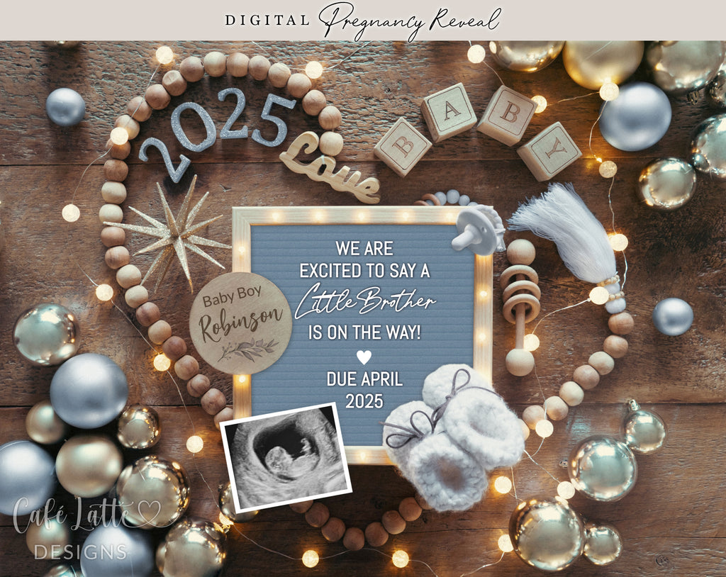 New Years boy gender reveal pregnancy announcement digital for social media, New Years baby boy announcement digital with blue letter board and blue and gold decor, Gender reveal winter pregnancy reveal editable template, Little brother on the way