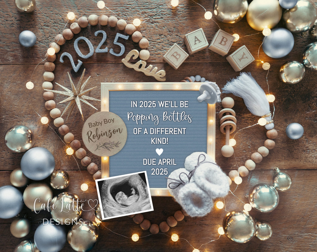 New Years boy gender reveal pregnancy announcement digital for social media, New Years baby boy announcement digital with blue letter board and blue and gold decor, Gender reveal winter pregnancy reveal editable template, in 2025 well be popping bottles of a different kind