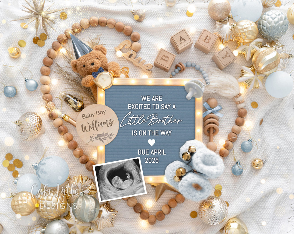 New Years boy gender reveal pregnancy announcement digital for social media, New Years baby boy announcement digital with blue letter board and blue and gold decor, Gender reveal winter pregnancy reveal editable template, its a boy, we are excited to say a little brother is on the way