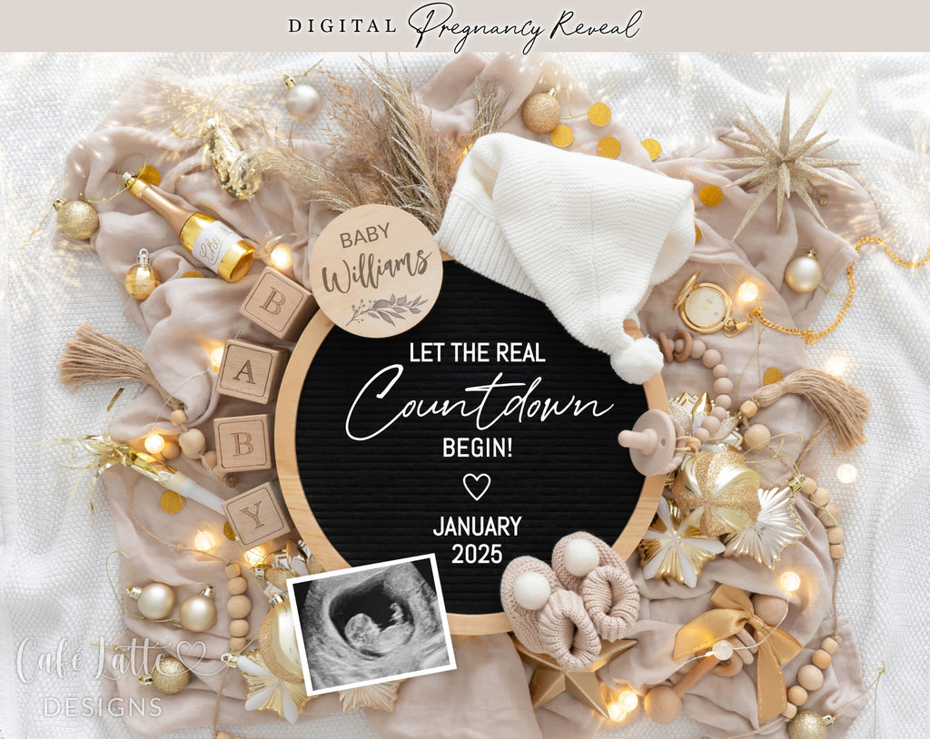 New Years pregnancy announcement digital for social media, New Year digital baby announcement with gold ornaments and circle letter board, January winter baby reveal chic, Let The Real Countdown Begin