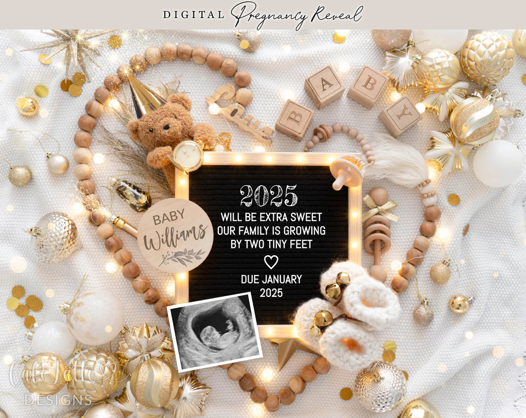 New Years pregnancy announcement digital for social media, New Year digital baby announcement with heart, gold ornaments and letter board, Neutral boho editable template DIY, January winter baby reveal classy chic gold, 2025 Will Be Extra Sweet