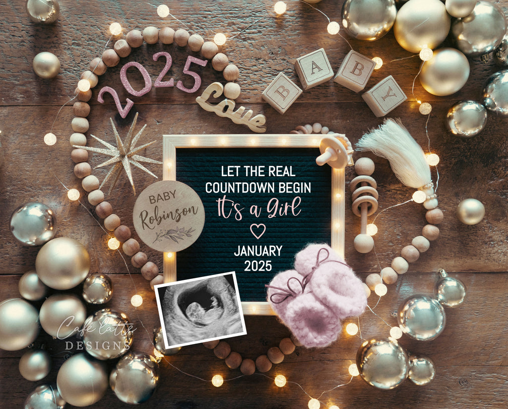 New Years girl gender reveal pregnancy announcement digital for social media, New Years baby girl announcement digital with pink letter board and pink and gold decor, Its a girl gender reveal editable template, Let the real countdown begin