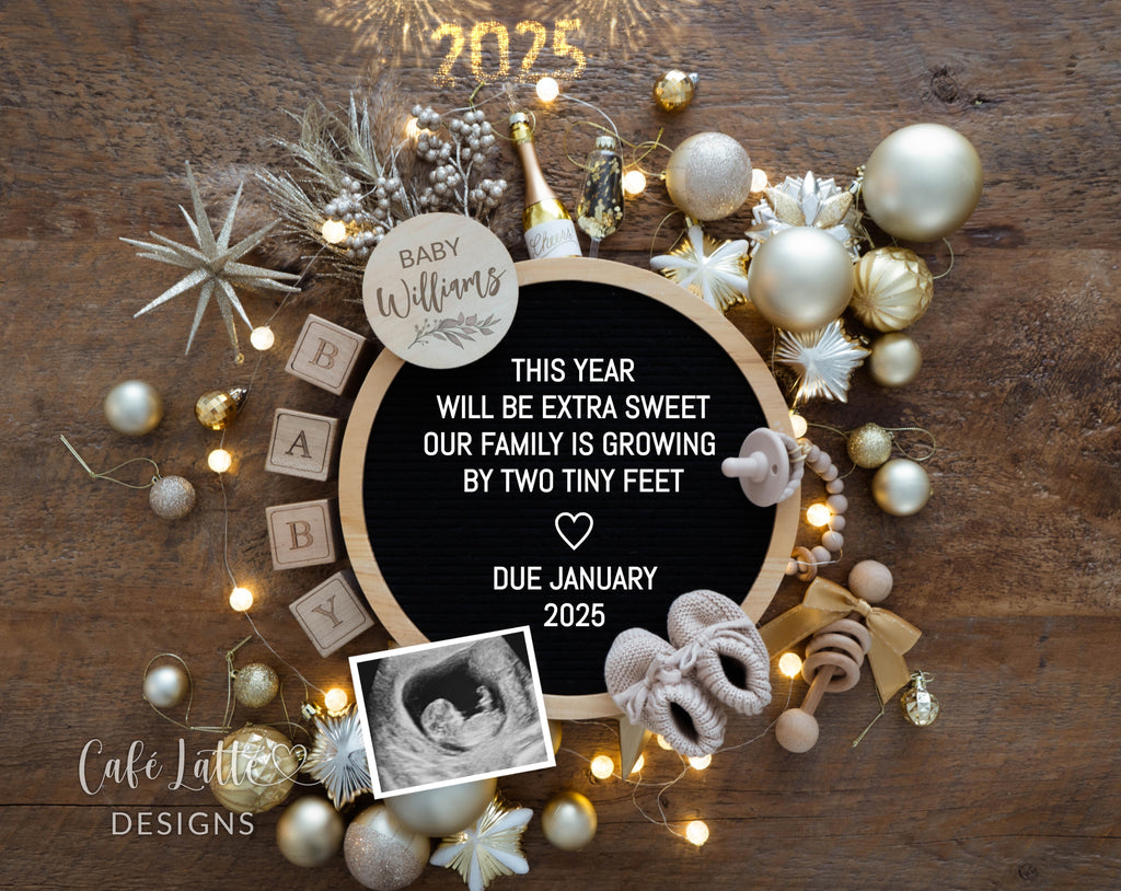 New Years pregnancy announcement digital for social media, New Year digital baby announcement with gold ornaments and letter board, 2025 baby, January winter baby reveal chic, this year will be extra sweet our family is growing by two tiny feet