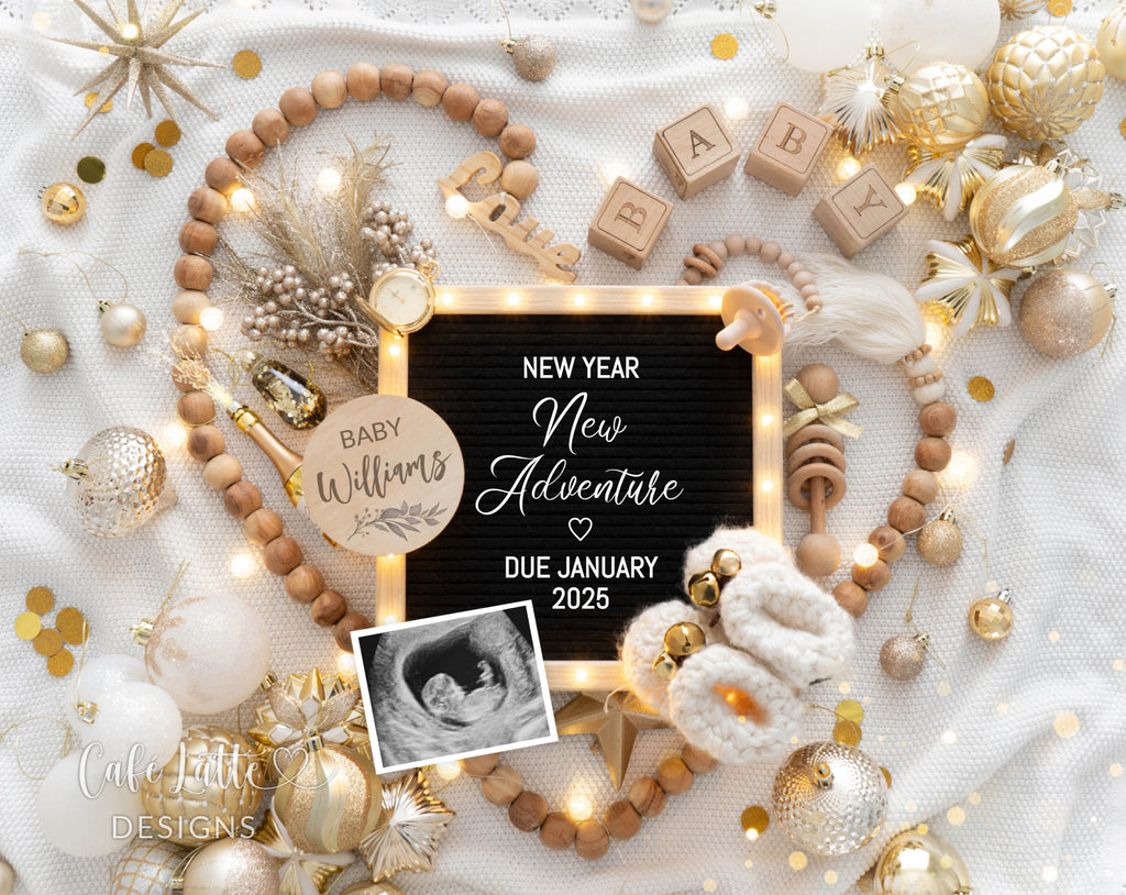 New Years pregnancy announcement digital for social media, New Year digital baby announcement with heart, gold ornaments and letter board, In 2025, January winter baby reveal chic, new year new adventure