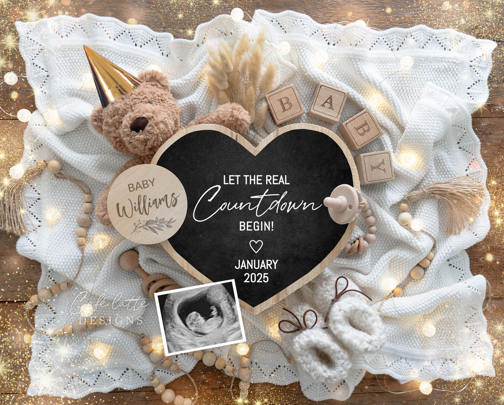 New Years pregnancy announcement digital for social media, New Year digital baby announcement with heart board, little bear and sparkles, 2025 baby announcement, jan baby, let the real countdown begin