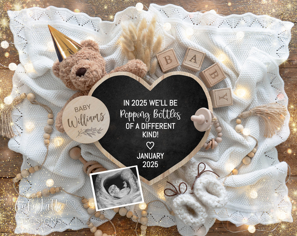 New Years pregnancy announcement digital for social media, New Year digital baby announcement with heart board, little bear and sparkles, 2025 baby announcement, jan baby, in 2025 well be poppin bottles of a different kind