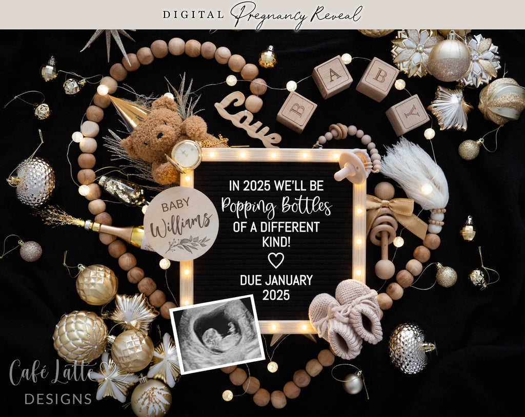 New Years pregnancy announcement digital for social media, New Year digital baby announcement, gold ornaments and letter board, Popping bottles different kind, Neutral boho editable template DIY, January winter baby reveal classy chic gold