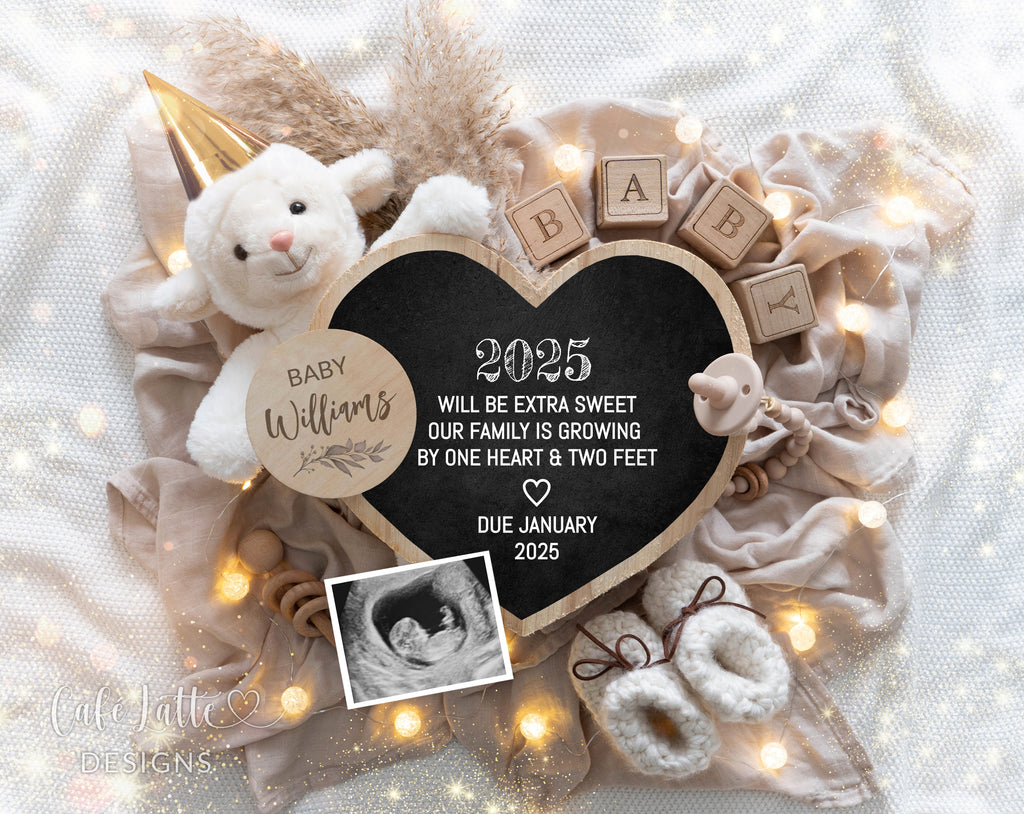 New Years pregnancy announcement digital for social media, New Year digital baby announcement with heart board, little lamb sparkles, January winter baby reveal chic, 2025 baby announcement, 2025 Will Be Extra Sweet Out Family is Growing By Two Feet