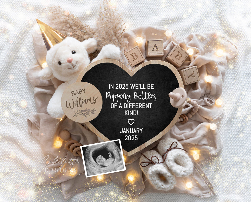 New Years pregnancy announcement digital for social media, New Year digital baby announcement with heart board, little lamb sparkles, January winter baby reveal chic, 2025 baby announcement, in 2025 well be popping bottles of a different kind