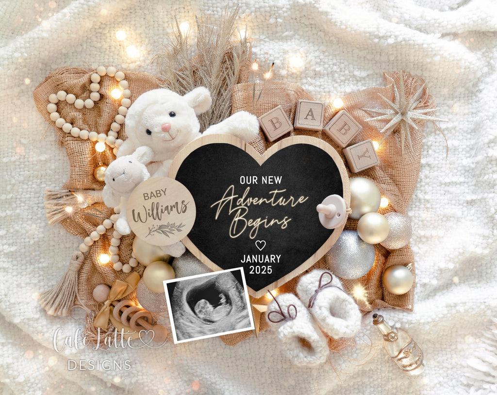 New Years pregnancy announcement digital for social media, New Year digital baby announcement with heart board, little lamb and sparkles, January winter baby reveal chic, 2025 baby announcement, our new adventure begins