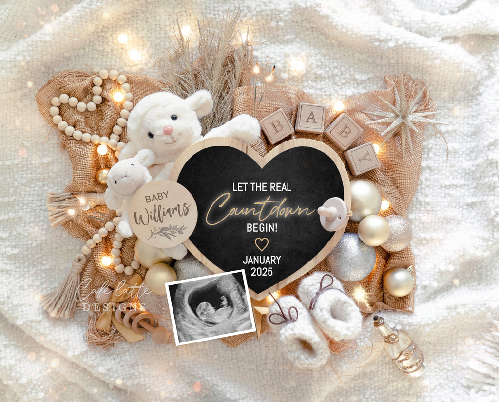 New Years pregnancy announcement digital for social media, New Year digital baby announcement with heart board, mama and baby lamb, sparkles, 2025 baby announcement, jan baby, let the real countdown begin