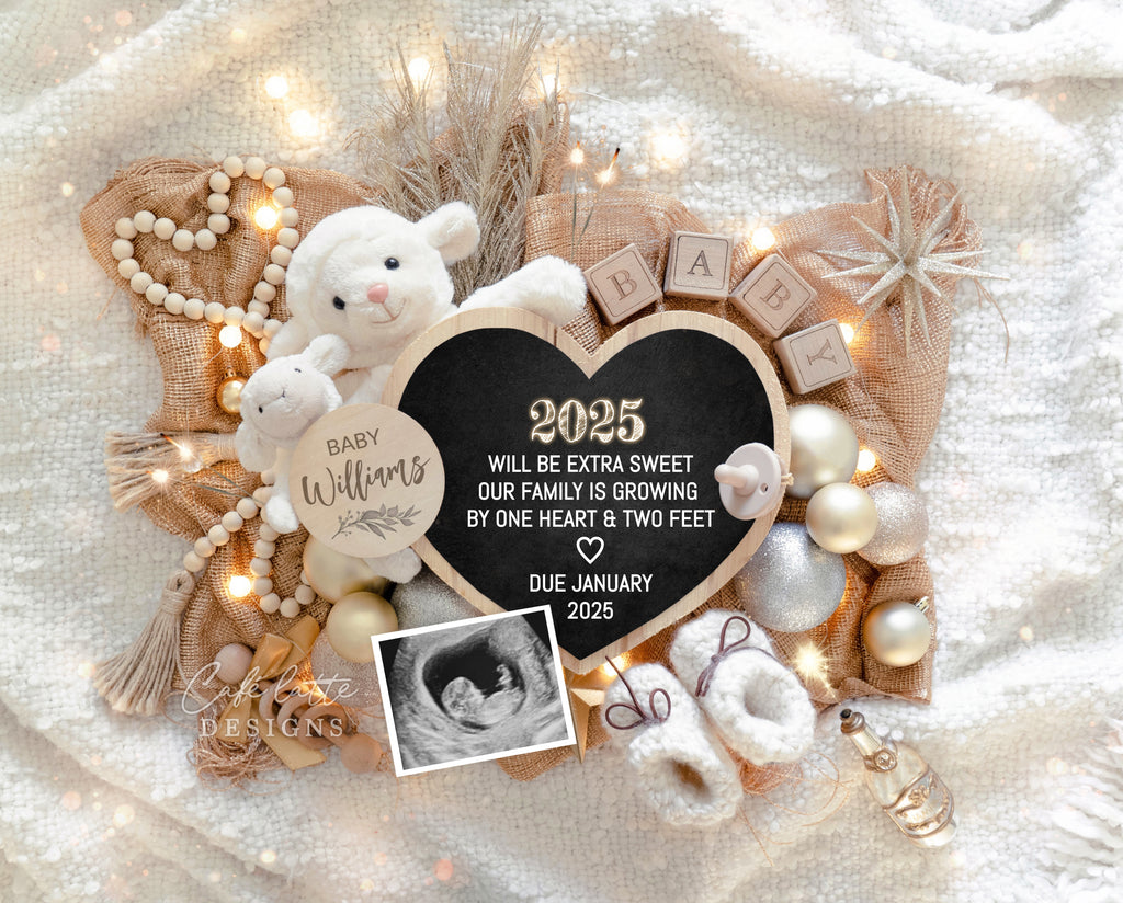 New Years pregnancy announcement digital for social media, New Year digital baby announcement with heart board, mama and baby lamb, sparkles, 2025 baby announcement, jan baby, 2025 will be extra sweet our family is growing by one heart and two feet